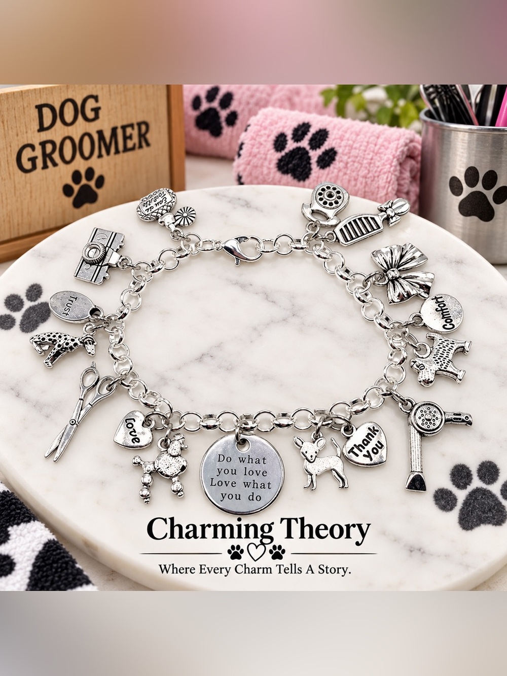 Dog Groomer Charm Bracelet โ Pet Grooming Gift Jewelry